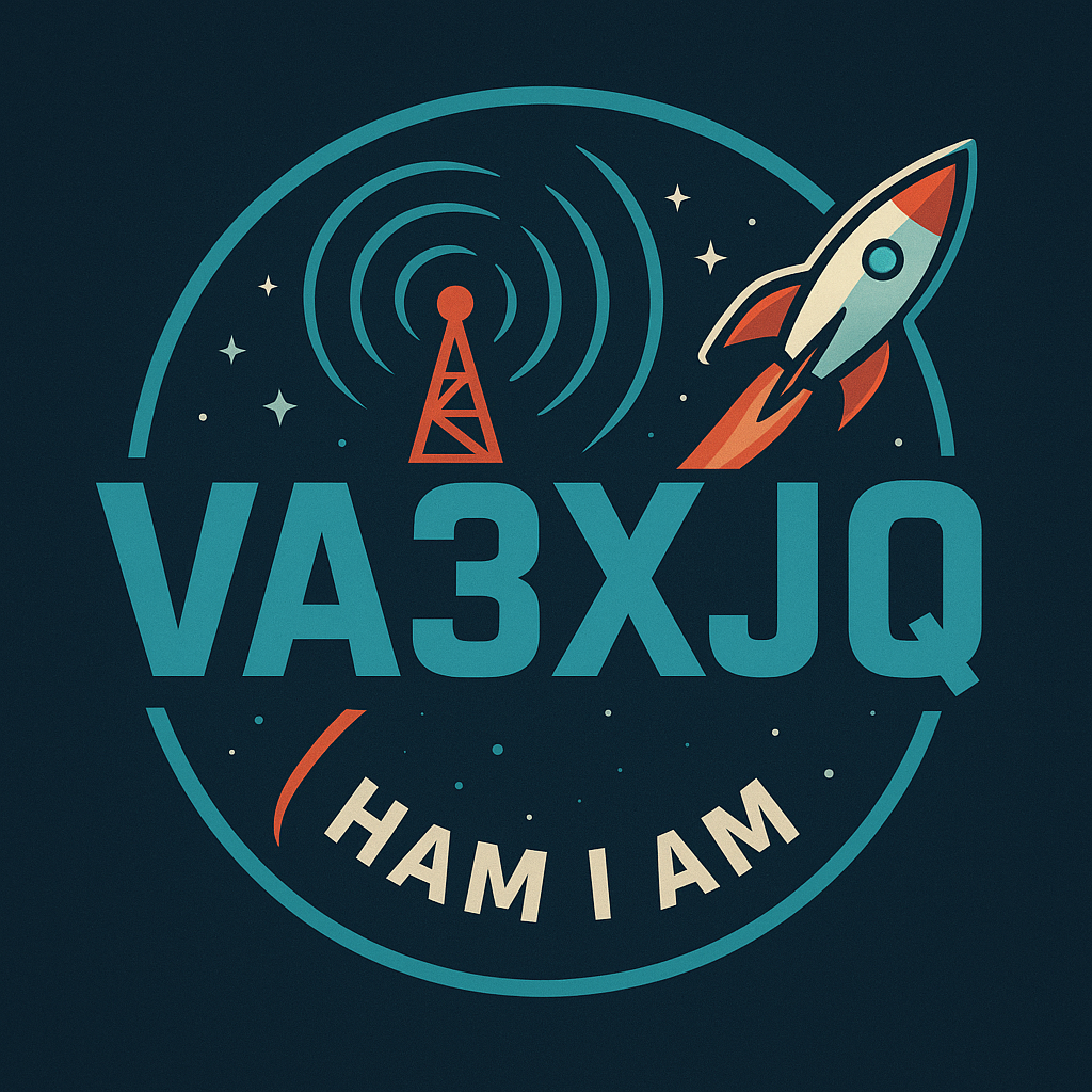 VA3XJQ space-radio badge with turquoise callsign lettering and rocket